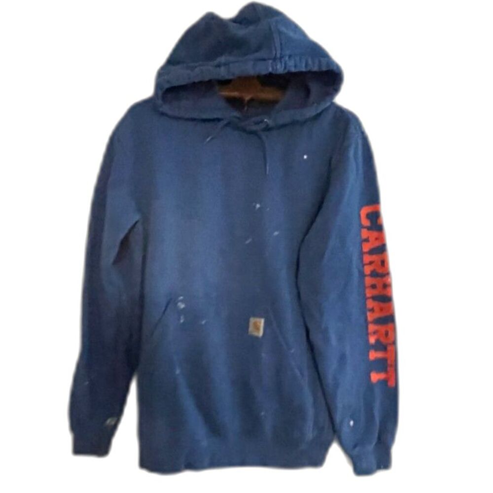 Vintage Carhartt Blue Logo Sleeve Thrashed Distressed Cotton Hoodie Size S *READ